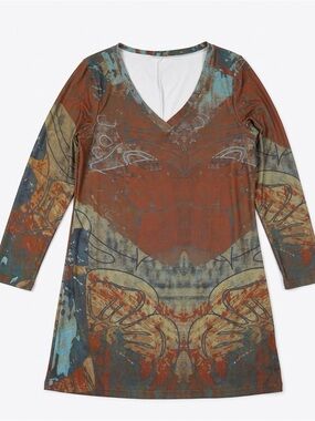 Simply Southern Orange and Teal Mixed-Print Top Tunic Long Sleeve